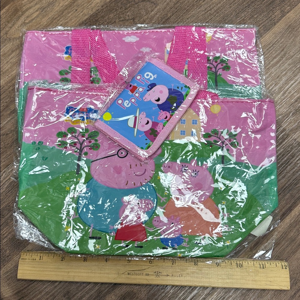 2 Peppa Pig Pink and Green plastic Tote Bags and Wallet